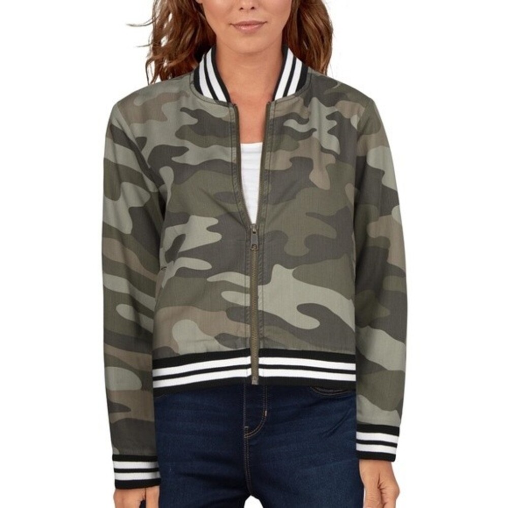 Natural Reflections Camo Chambray Like Ribbed Knit Trim Bomber Jacket Pockets S